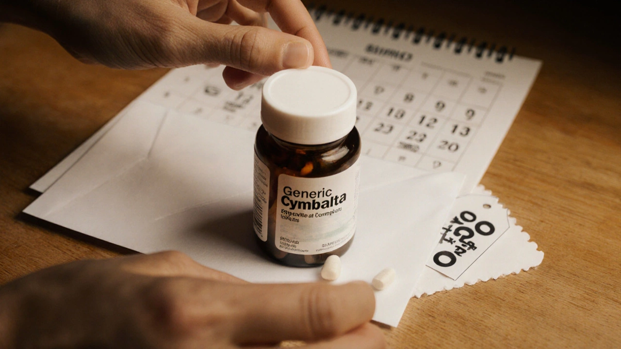 Plain envelope opened to reveal a bottle of generic Cymbalta tablets on a countertop.