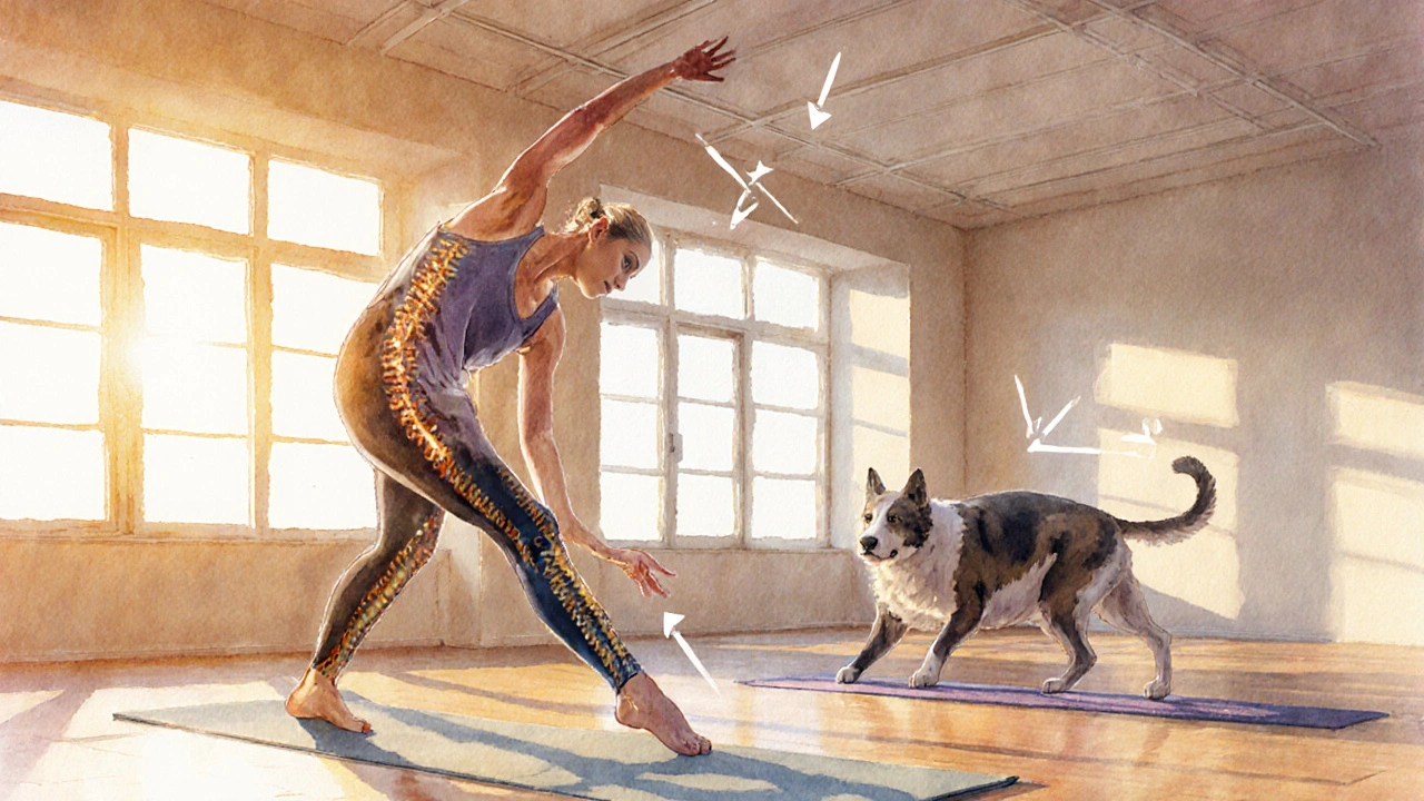 Practitioner flows through Cat‑Cow and Downward Dog in a sunlit studio.