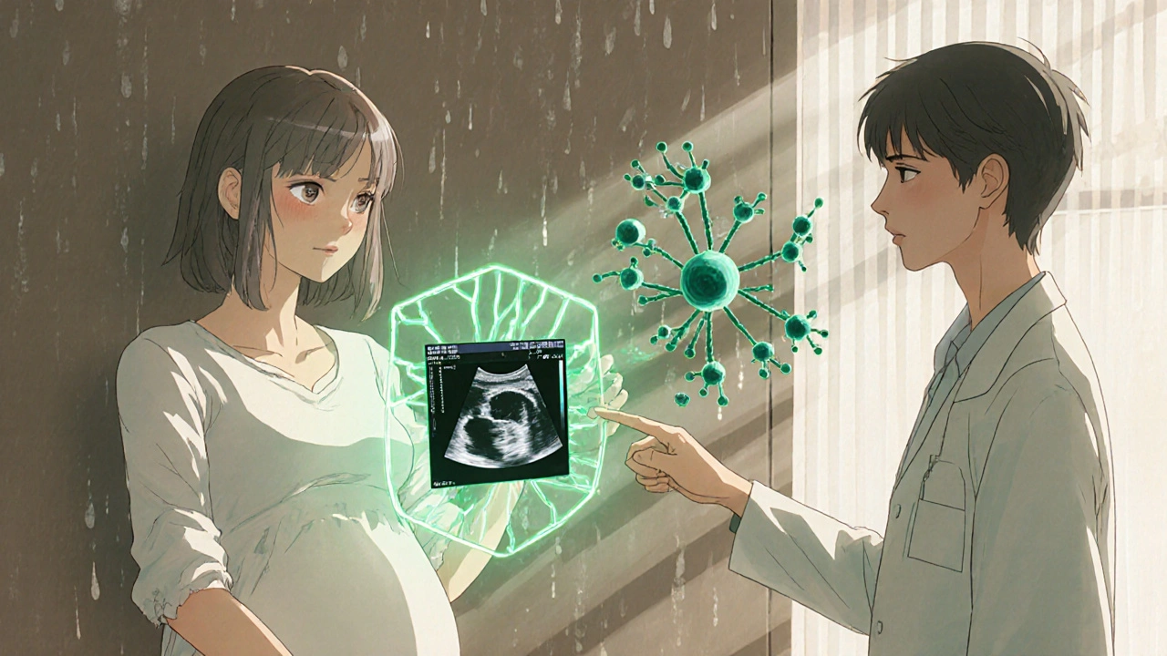 Pregnant woman receiving PEP counseling with a holographic HIV-blocking shield protecting her unborn child.