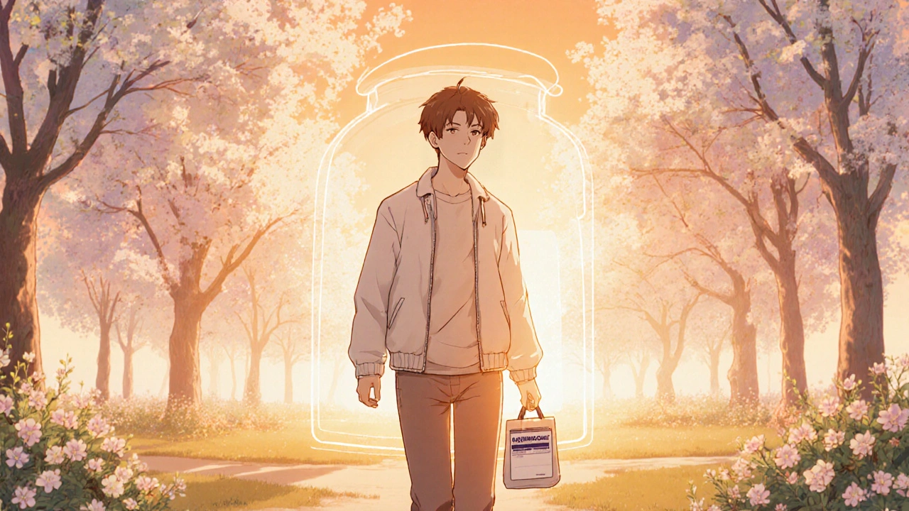 Recovered patient strolling in a sunny park, leaving a faded pill behind.