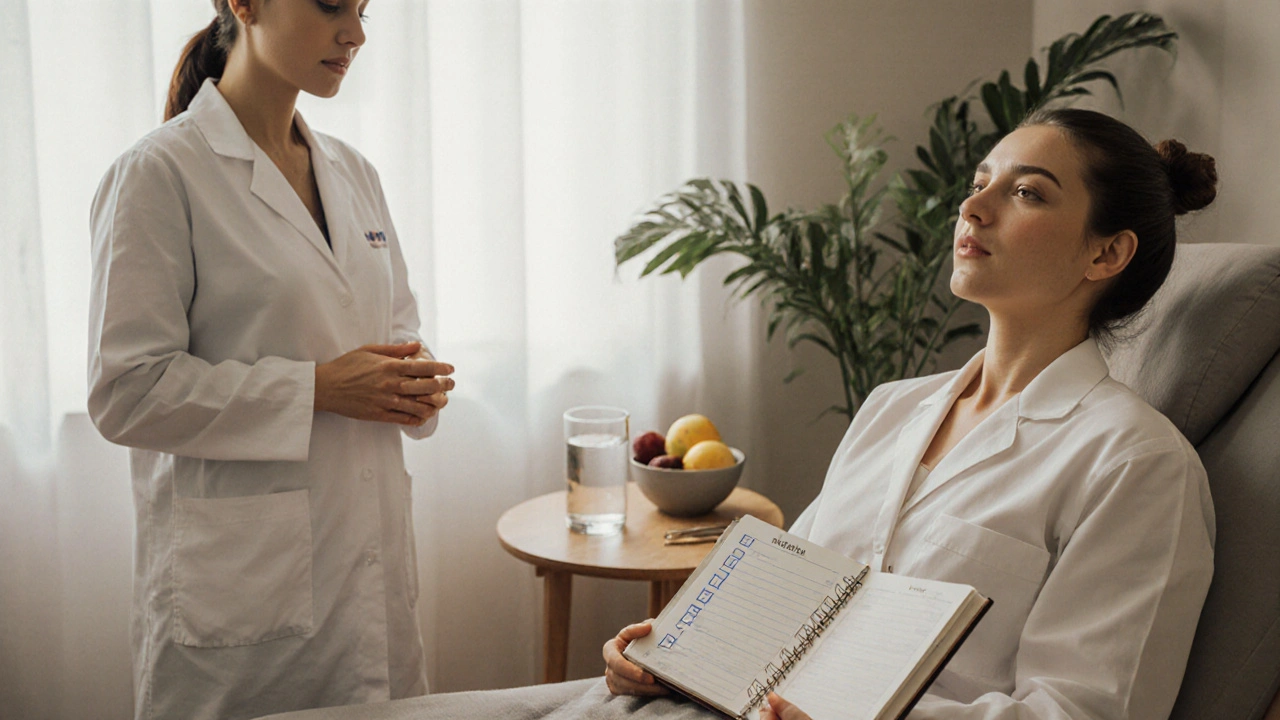 Relaxed patient after acupuncture session, holding a diary in a peaceful clinic setting.