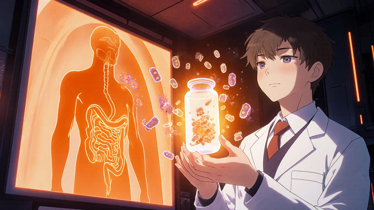 Researcher delivering glowing engineered microbes to a patient’s gut in a futuristic lab.