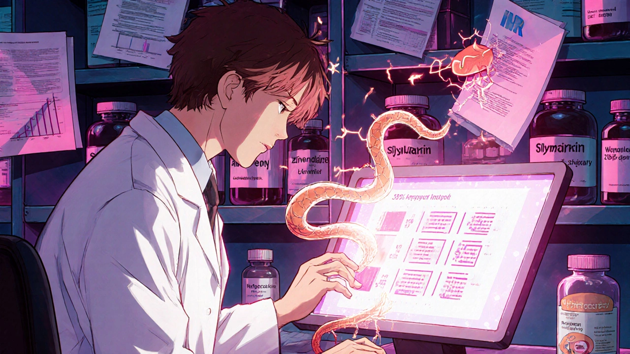 Scientist viewing holographic enzyme data as supplement bottles crack and transform into warning symbols