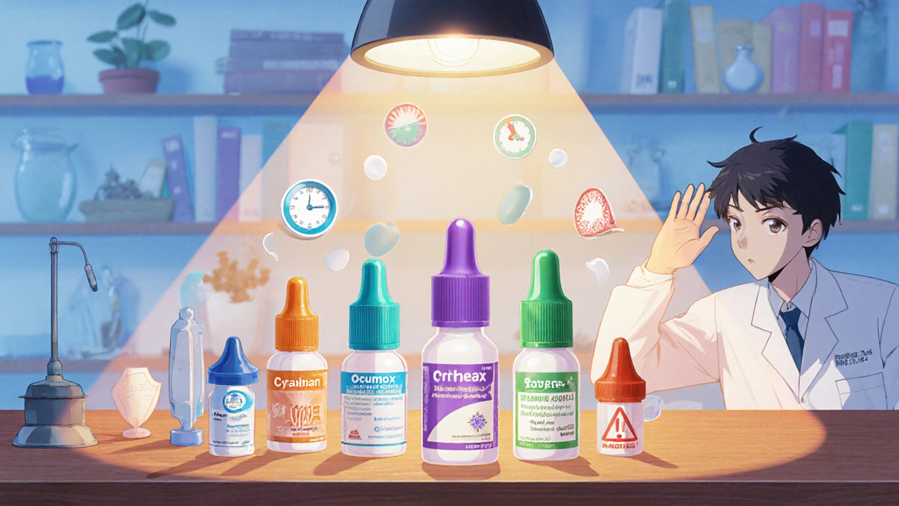 Six different eye‑drop bottles with colored caps and floating icons representing spectrum, dosing, and resistance.