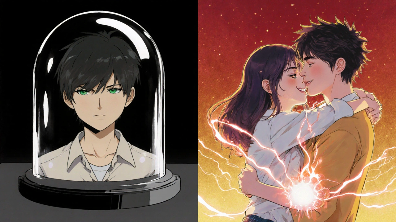 Split image: left side shows emotional numbness under a glass dome, right side shows vibrant emotional revival with a hug.