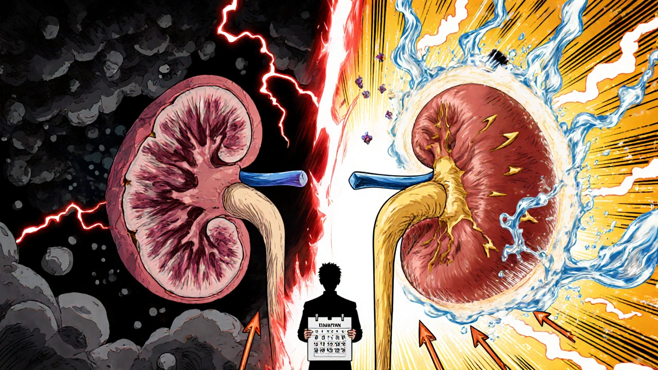 Split image of a damaged kidney versus a protected one, with Tolvaptan forming a shield, in anime style.