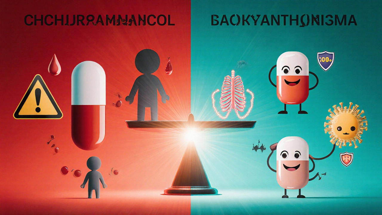 Split-scene anime comparison of chloramphenicol risks versus safer pills.