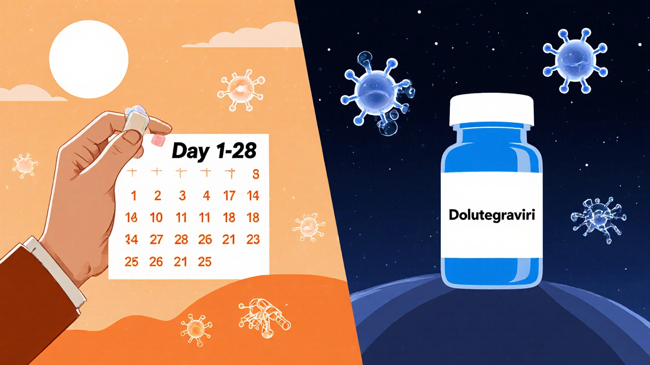 Split scene showing two people taking different PEP medications — raltegravir twice daily vs dolutegravir once daily.