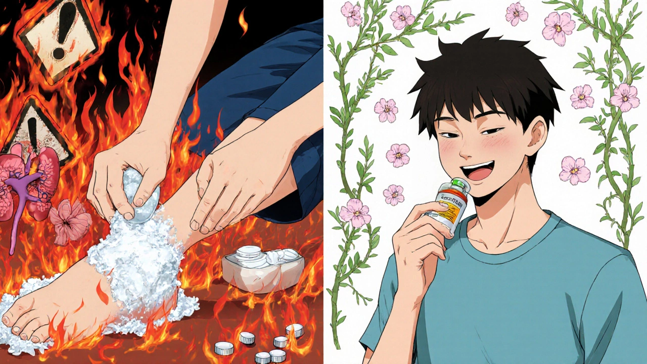 Split scene: Toradol with warning symbols vs. safer pain relievers with healing vines.