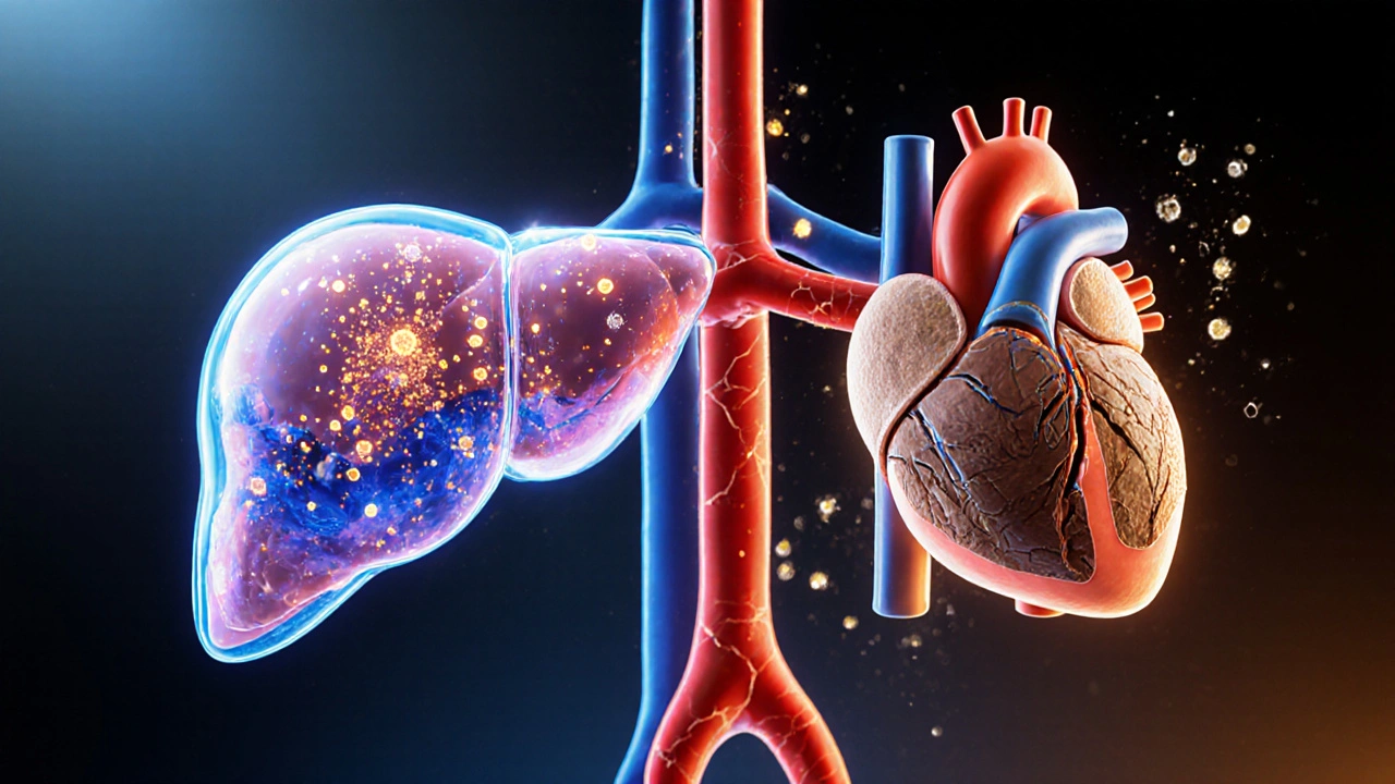 Split‑screen art showing inflamed liver releasing toxins toward a heart with plaque.
