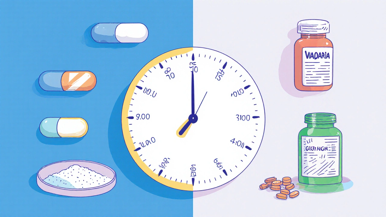 Split view of ED tablets on clocks with natural supplement containers.