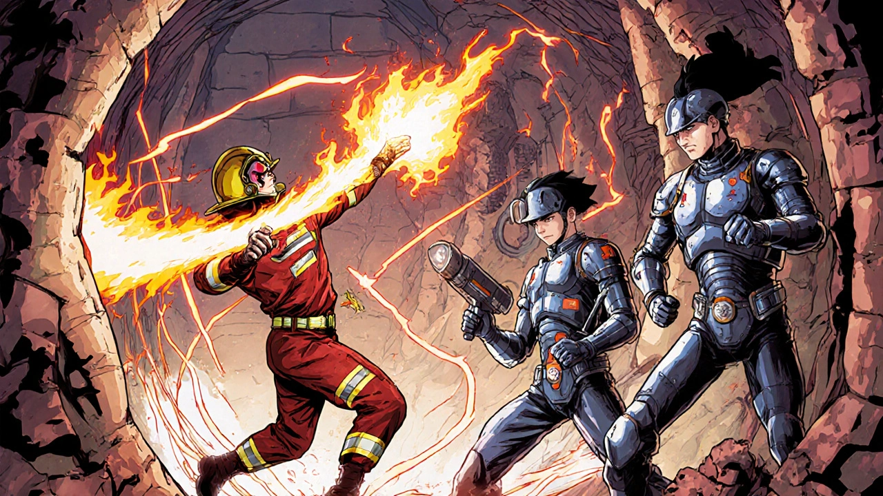 Symbolic battle inside a heart with nitroglycerin as firefighter and other drugs as defenders.