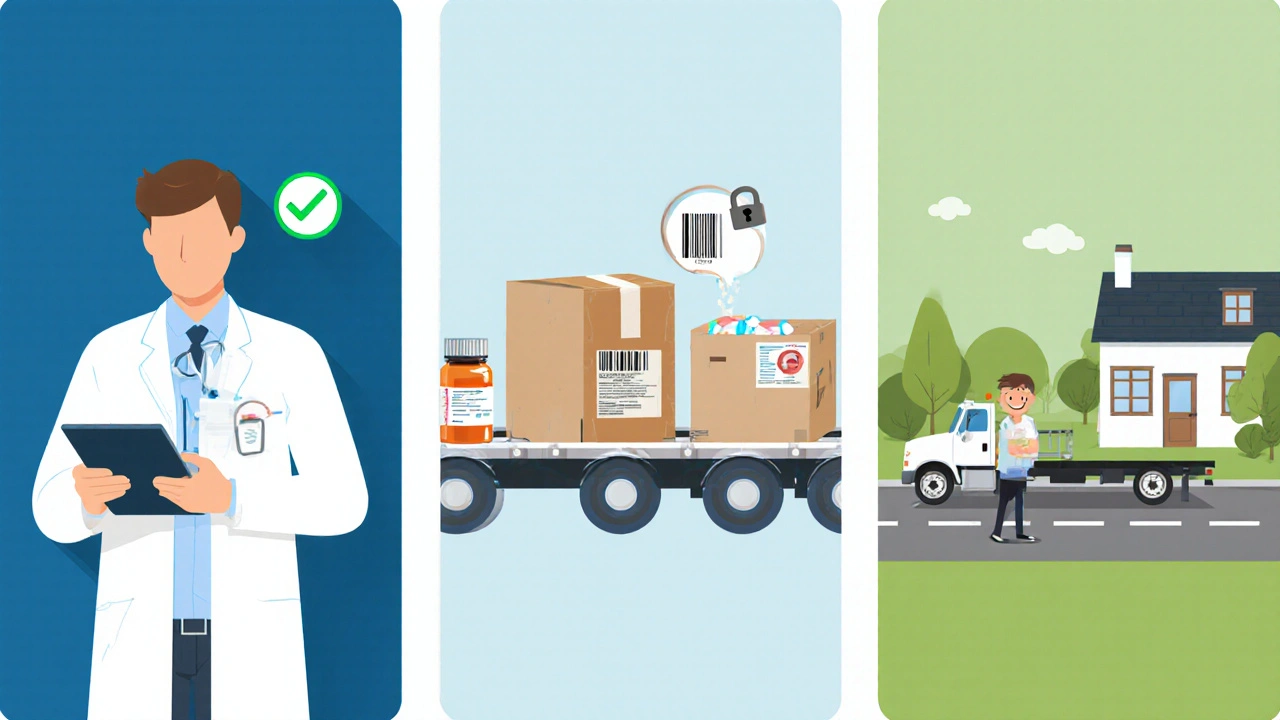 Three‑panel illustration showing pharmacist reviewing a prescription, packaging pills, and delivery to a home.