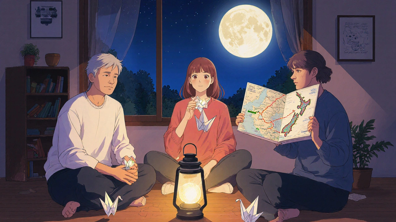 Three survivors sit in a support group, holding glowing paper cranes symbolizing healing, vigilance, and renewed life.