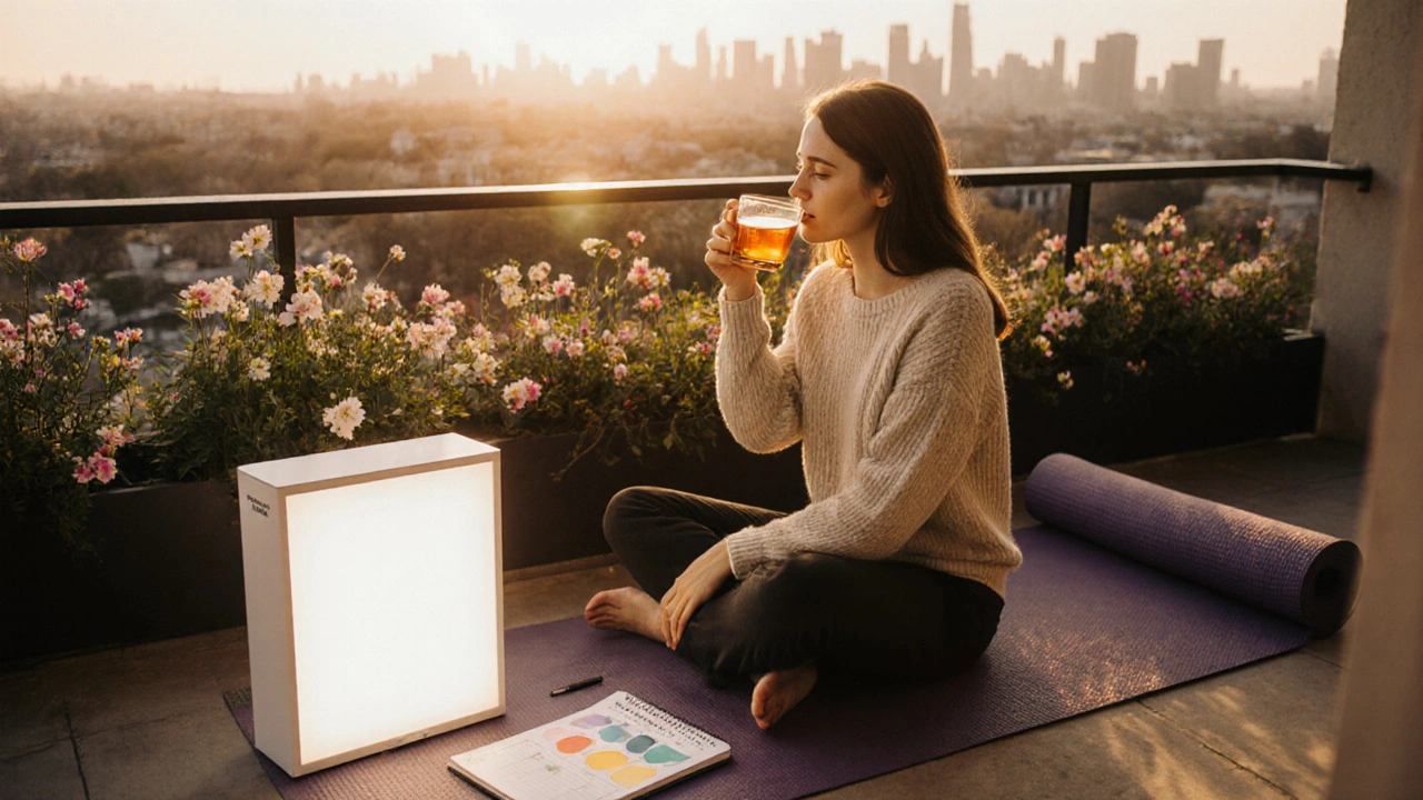 Woman on sunny balcony with light‑therapy box, tea, and yoga mat at sunrise.