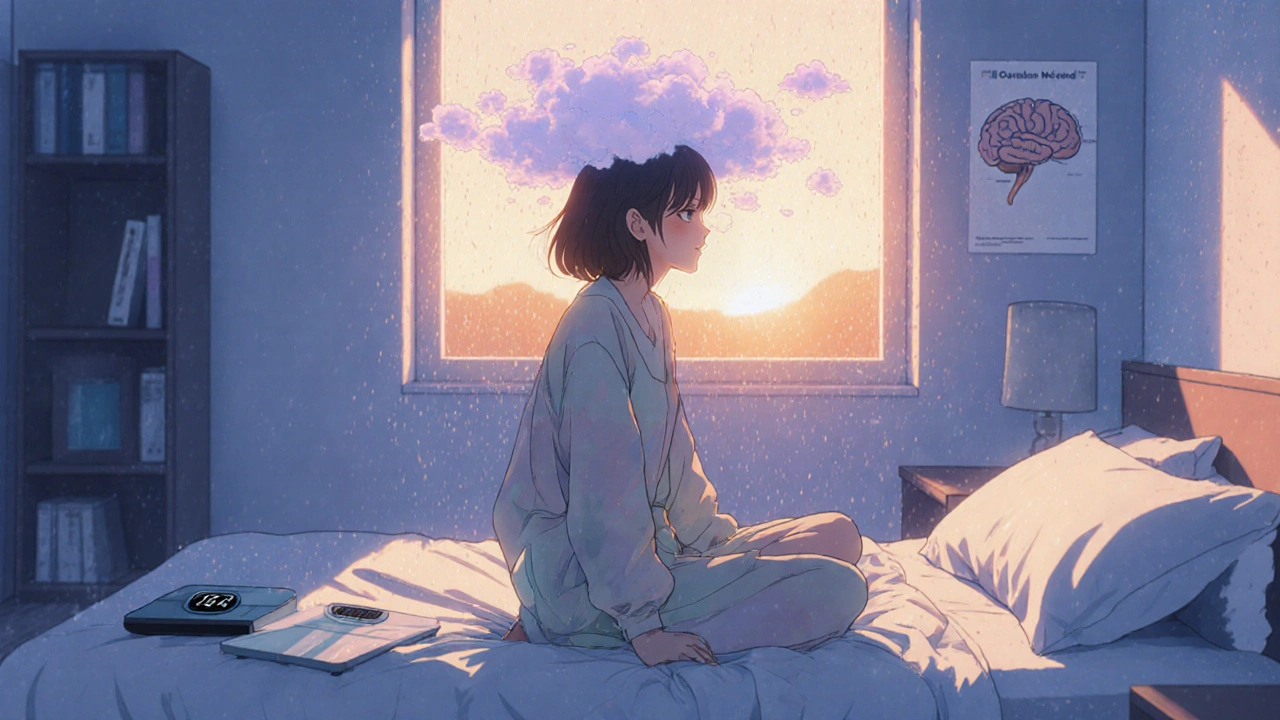 Young woman looking out window, surrounded by pastel clouds and a scale.