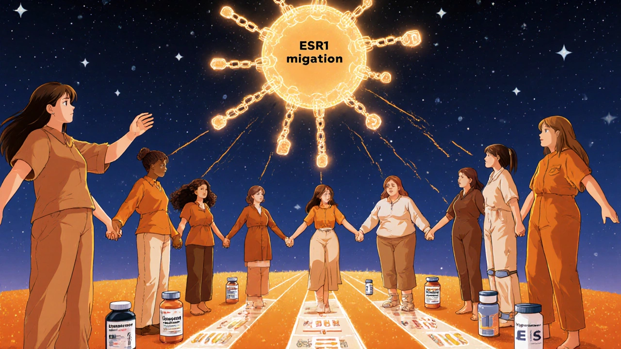 A circle of diverse women under stars, connected by light to a new cancer drug molecule and treatment paths.