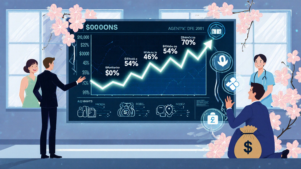 A digital dashboard showing generic drug prices collapsing as competitors enter, PBMs pushed aside by health icons.