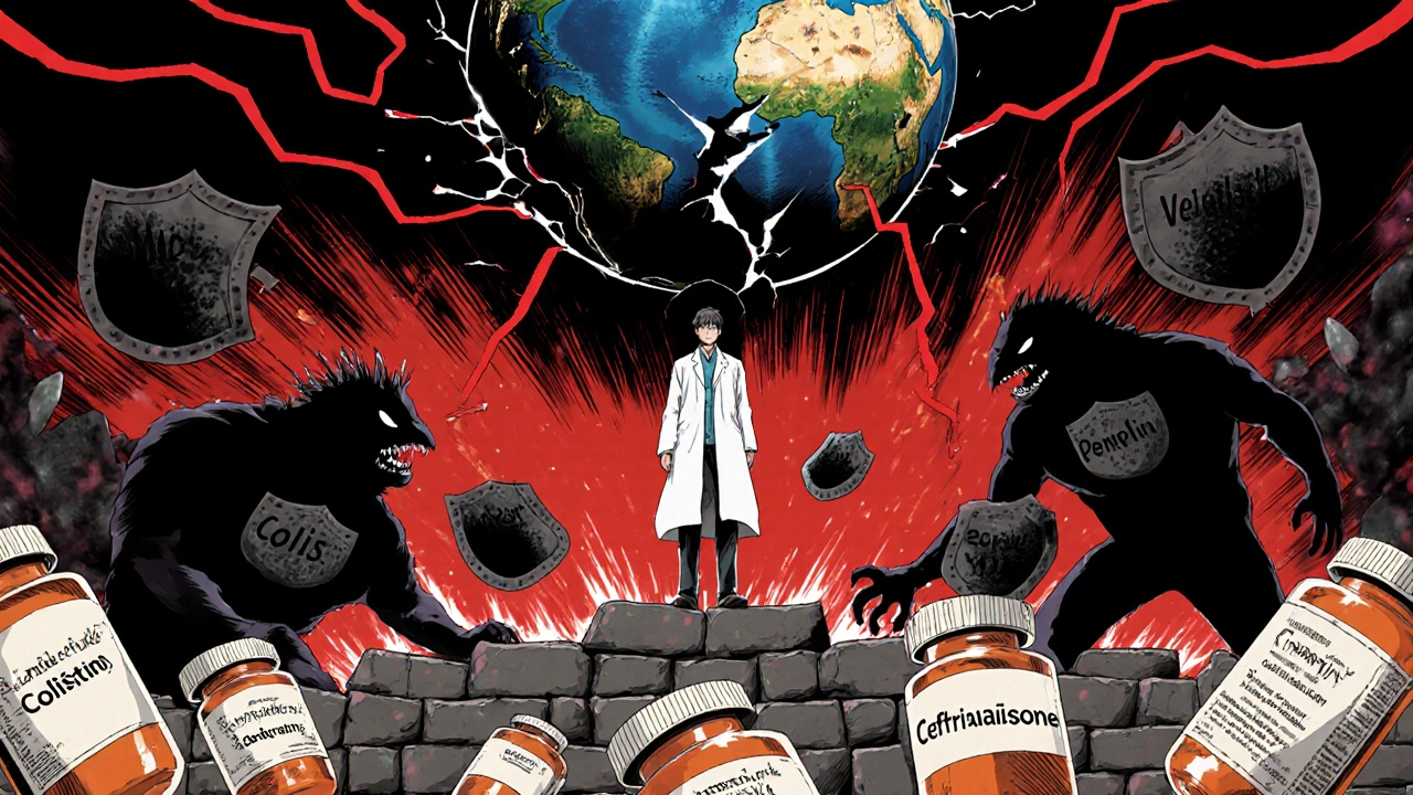 A doctor stands amid crumbling antibiotic vials as resistant bacteria advance toward them.