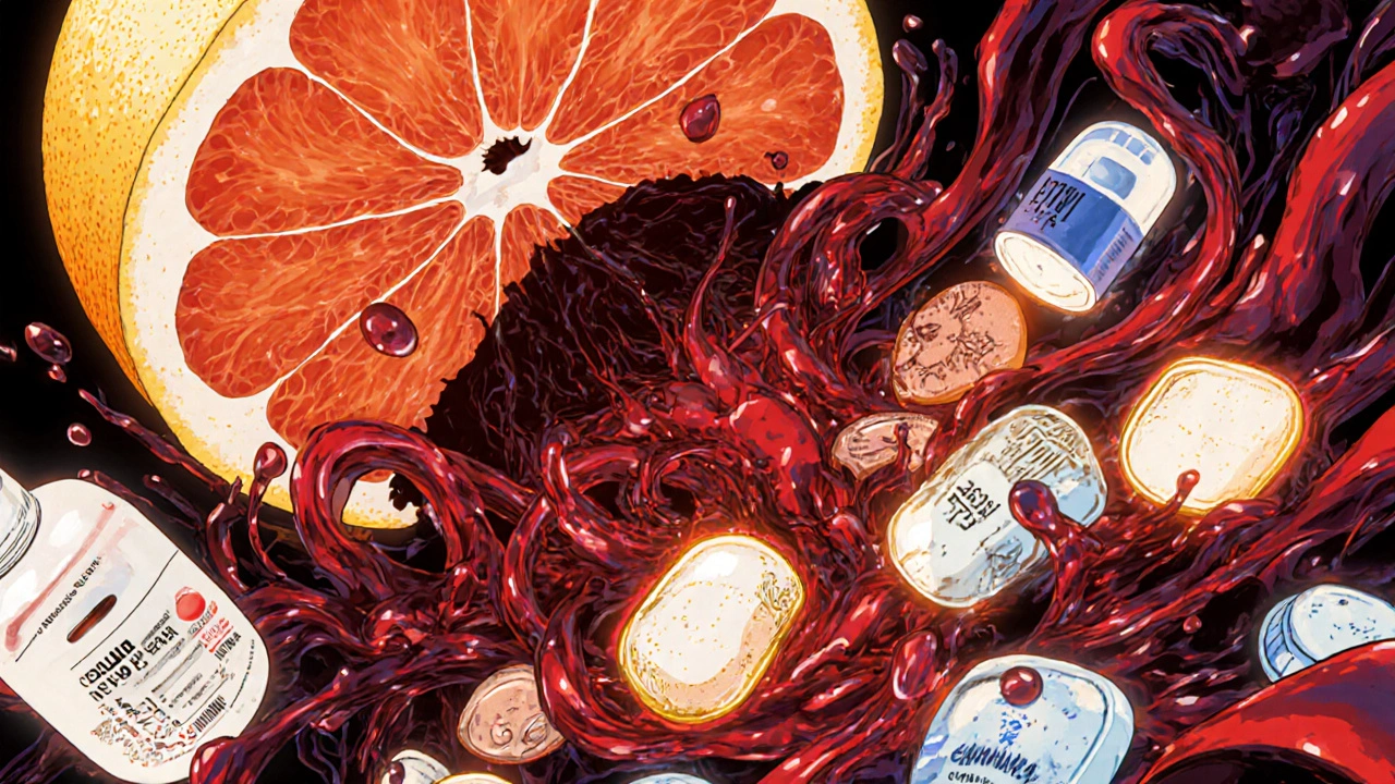 A dramatic gut scene with grapefruit juice blocking enzymes and drugs surging uncontrollably.
