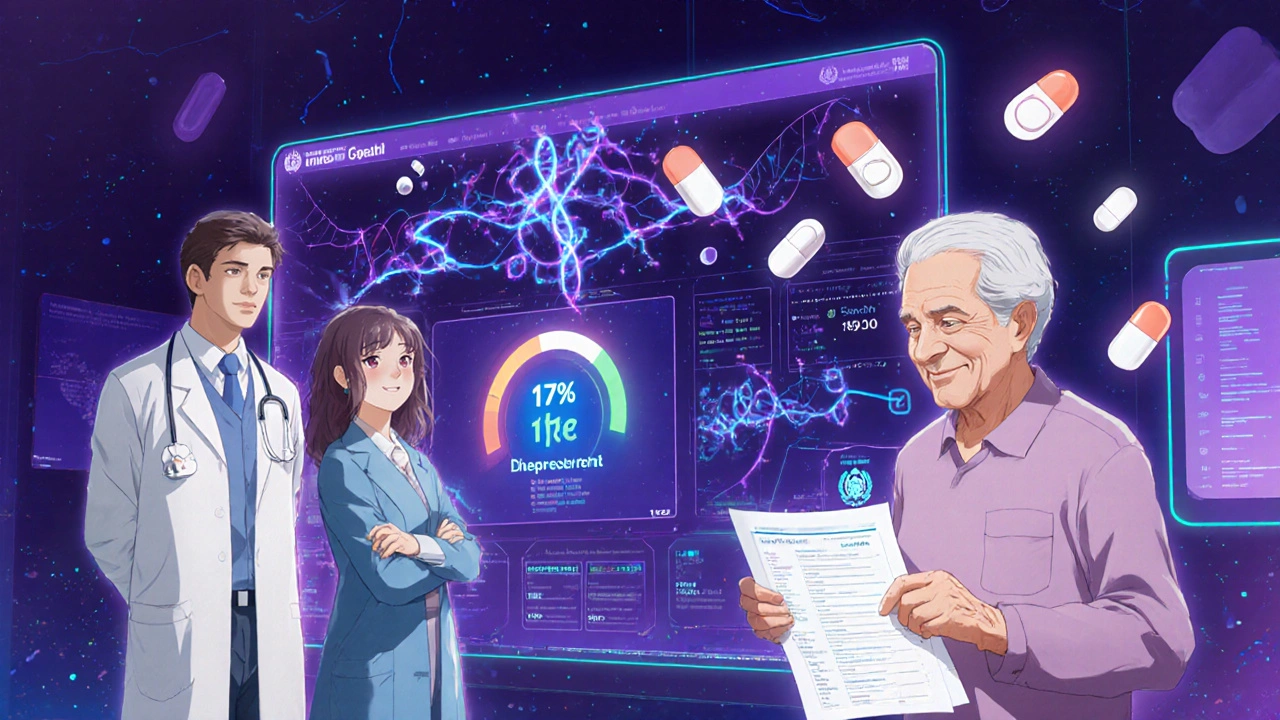 A futuristic medical dashboard displays genetic and drug data as glowing strands, with a doctor and patient reviewing a deprescribing plan.