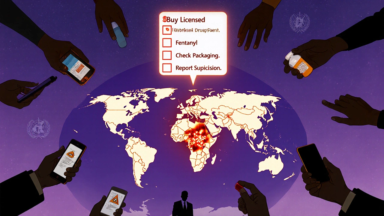 A global map with red hotspots and a cracking pill revealing deadly substances inside.