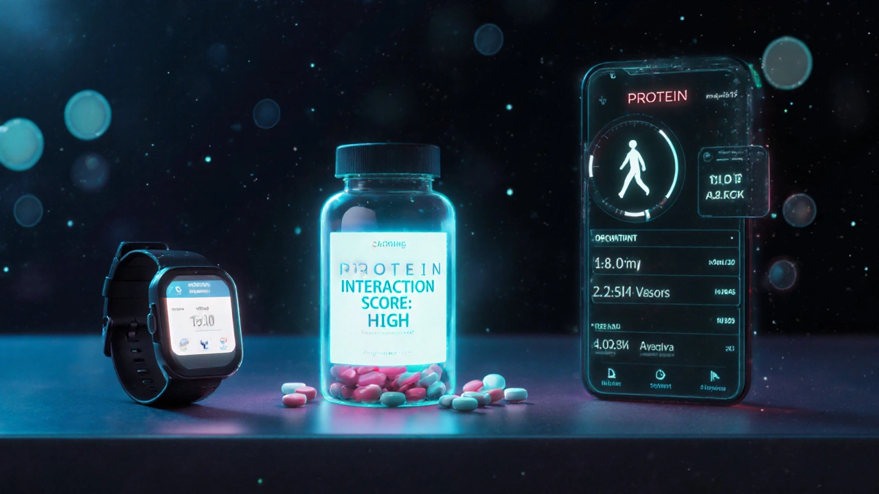 A holographic warning label on a pill bottle displays a protein interaction score, with a wearable sensor tracking patient data.
