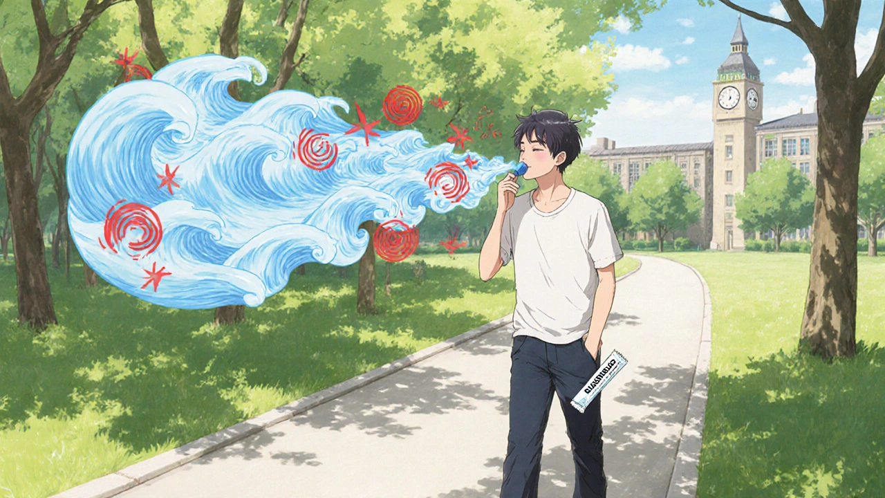 A man walks in a park practicing 4-7-8 breathing, sunlight filtering through trees, buspirone pill in his pocket.