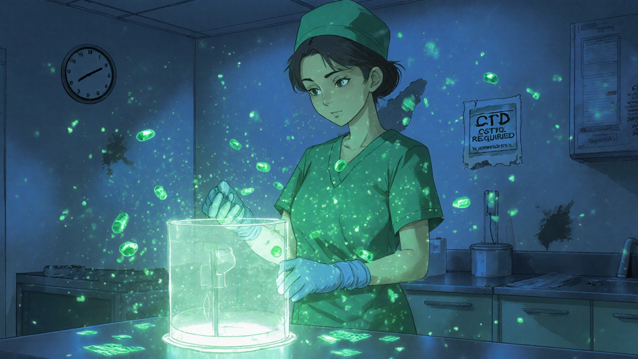 A nurse preparing chemotherapy with glowing hazardous particles and a protective CSTD device.