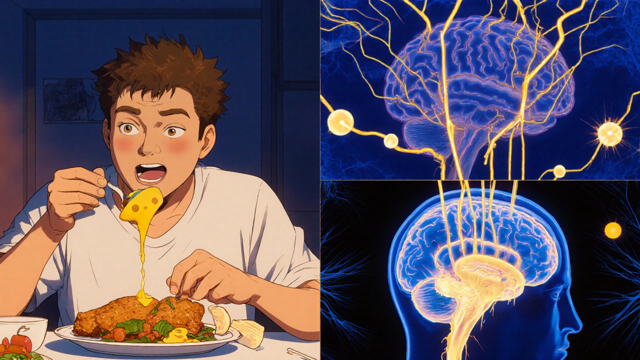 A patient eats protein at dinner while levodopa molecules successfully reach the brain, shown in a split-panel anime style.