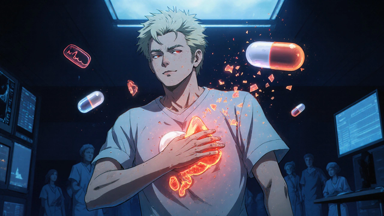 A patient in pain with a pulsing warning over their pancreas, surrounded by medical symbols.