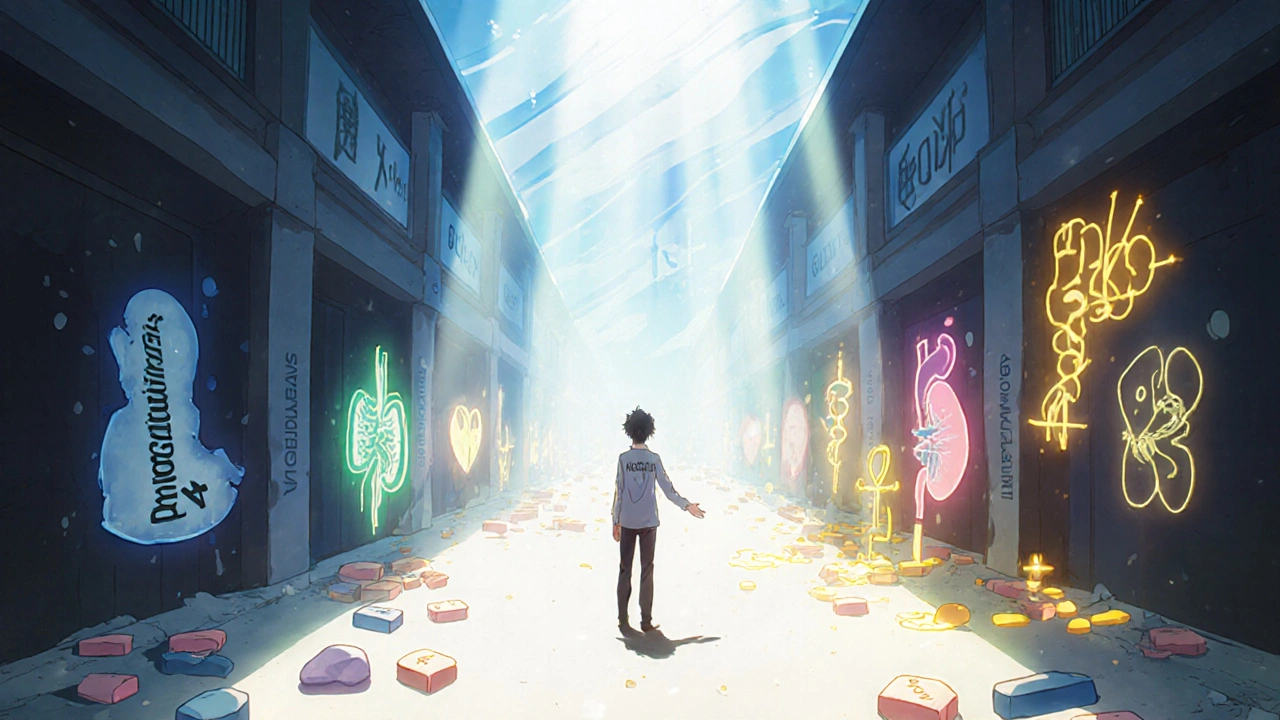 A person choosing between risky and safer diabetes medications in a glowing medical corridor.