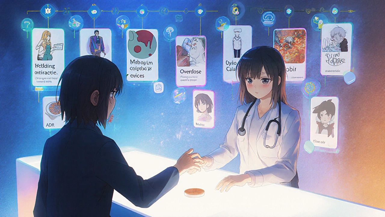 A pharmacist stops a patient from mixing medication with grapefruit juice, surrounded by floating manga-style ADE icons.