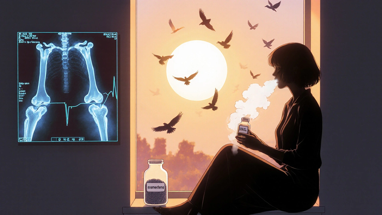 A postmenopausal woman on a windowsill with a DEXA scan and bone-dust particles rising as dawn breaks.