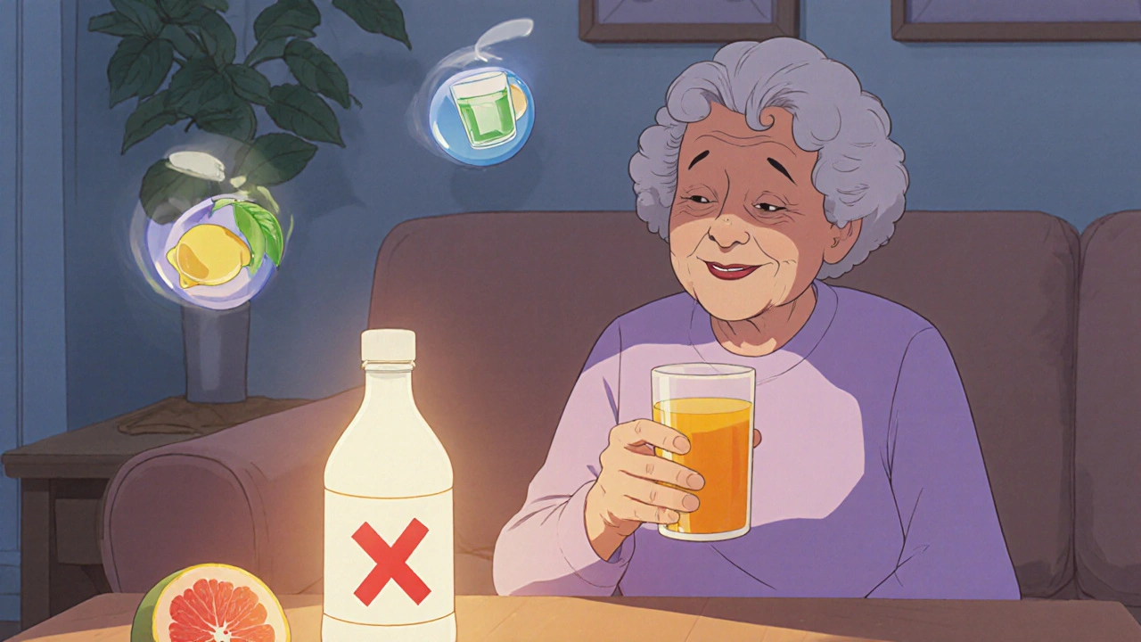 An elderly woman drinking safe orange juice, with discarded grapefruit juice and healthy alternatives nearby.
