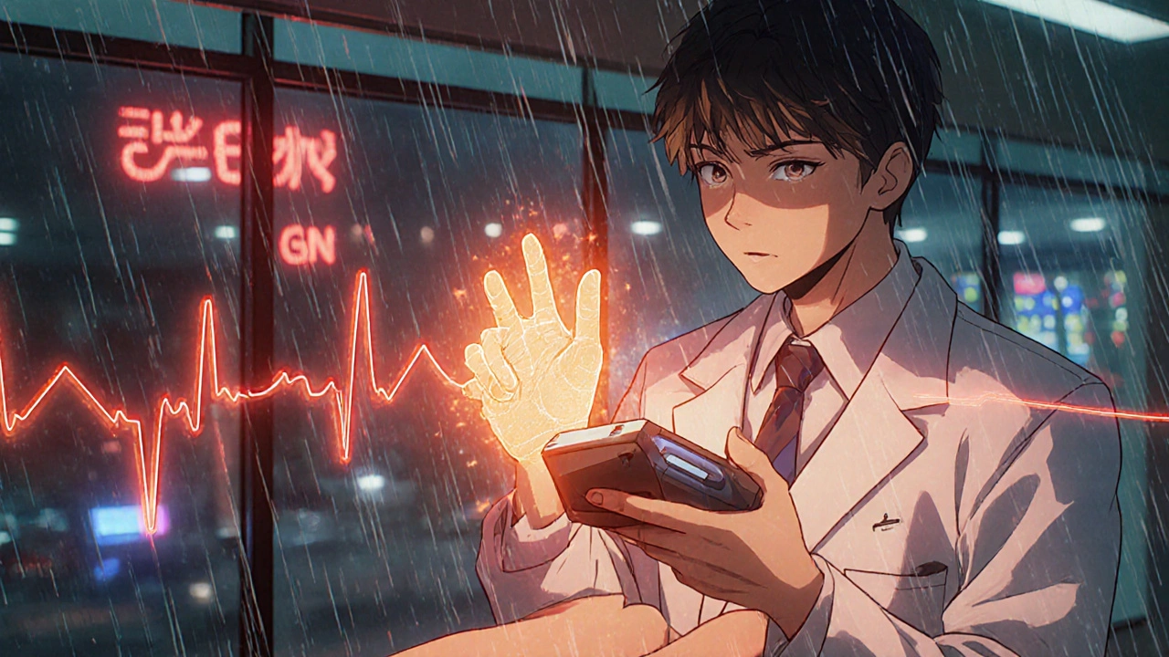 Clinician using handheld device projecting real-time TCA levels as ECG alarms flash.