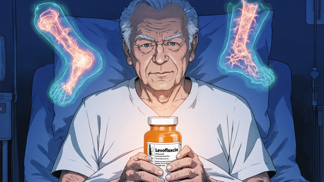 Elderly patient staring at fluoroquinolone prescription as ghostly images of damaged tendon cells float around.