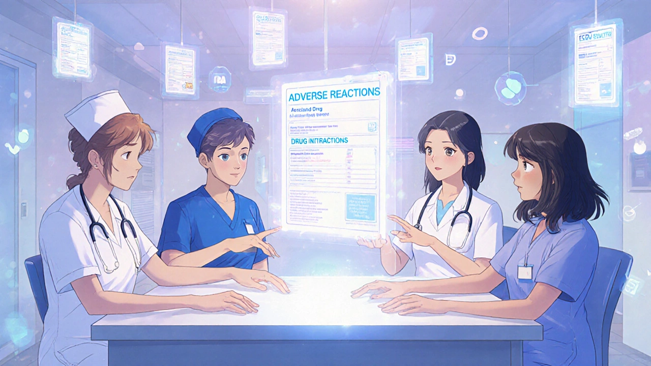 Healthcare workers accessing drug safety sections via floating digital labels with light trails.