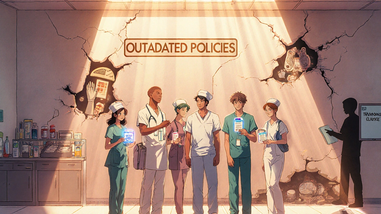 Healthcare workers holding safety tools as a crumbling wall of outdated policies collapses behind them.