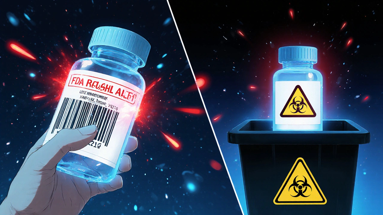Holographic FDA recall alert appears beside a pill bottle being disposed of safely.