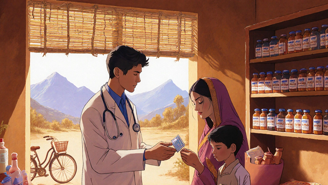 Indian doctor handing generic medicine to a mother in a rural clinic