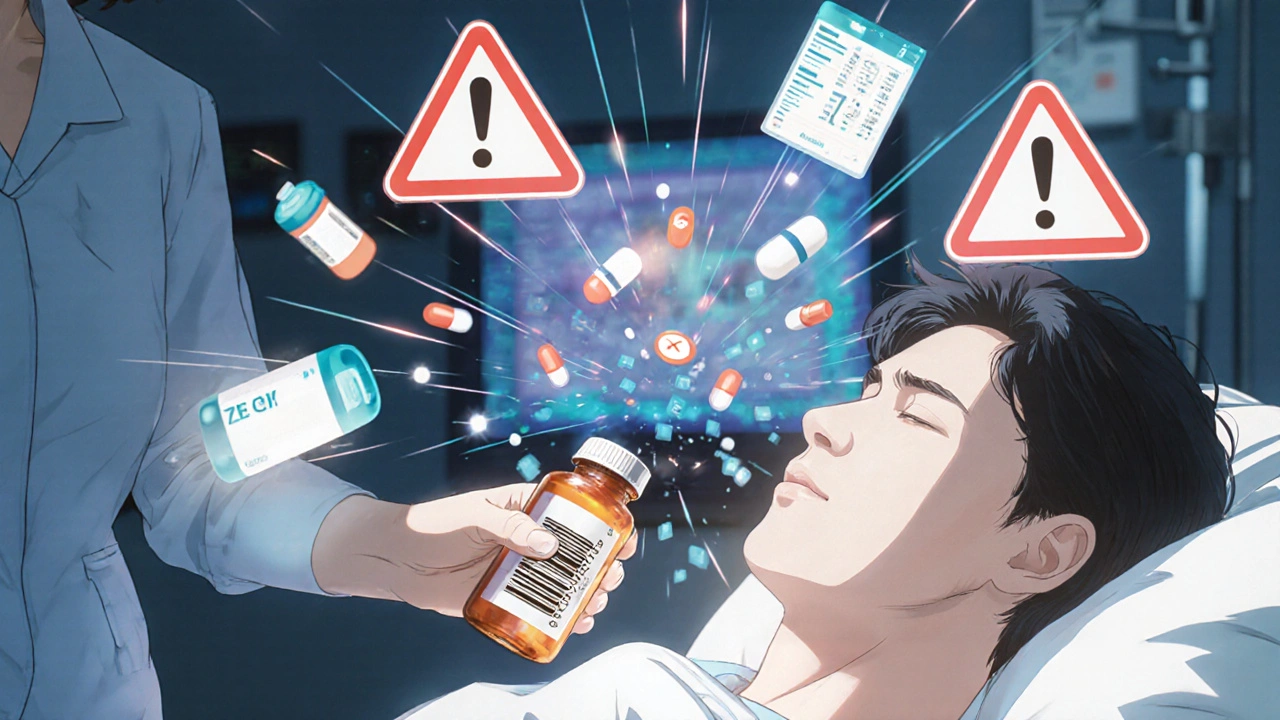 Nurse scanning a medication barcode with digital alerts and warnings appearing around her in a hospital room.