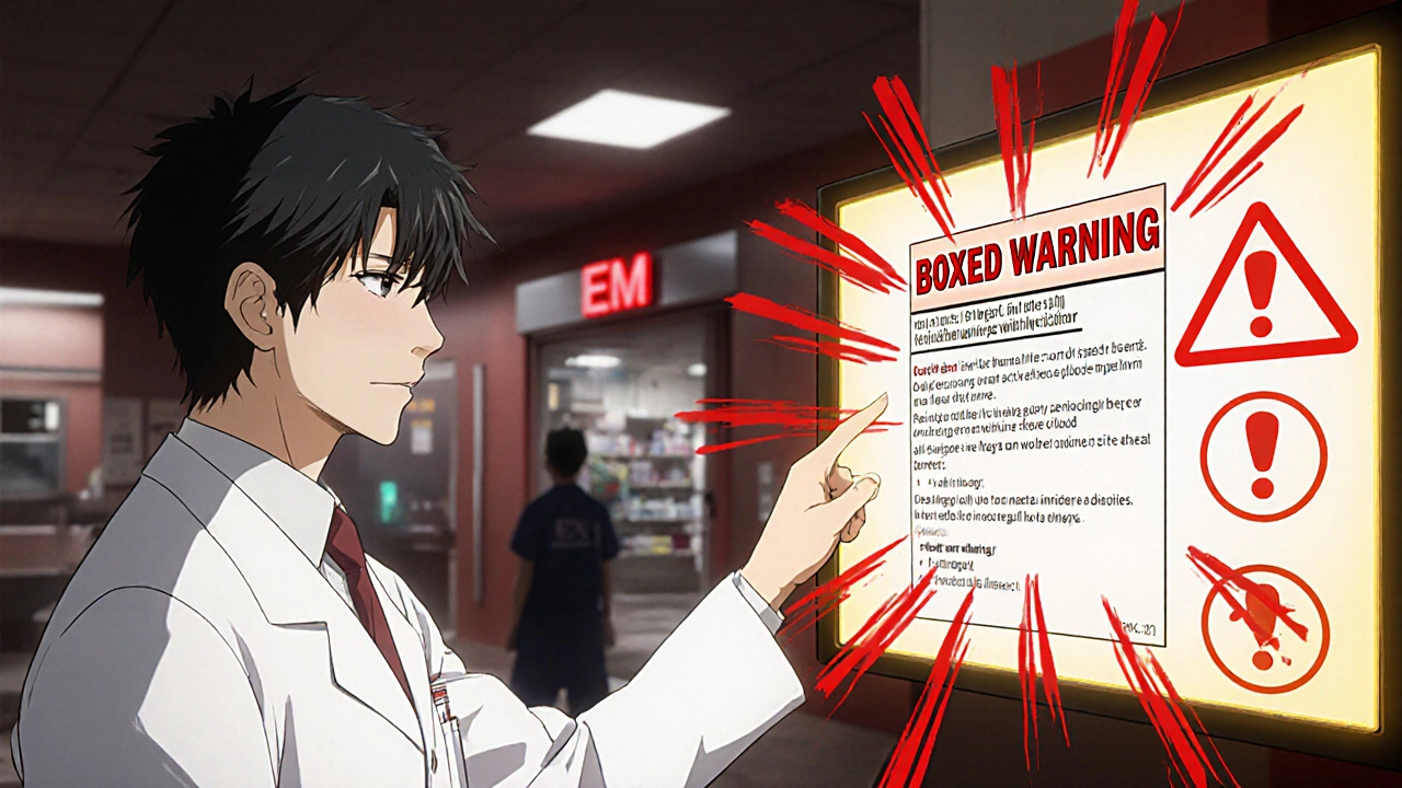 Pharmacist pointing at a bold red boxed warning on a DailyMed screen in a hospital setting.