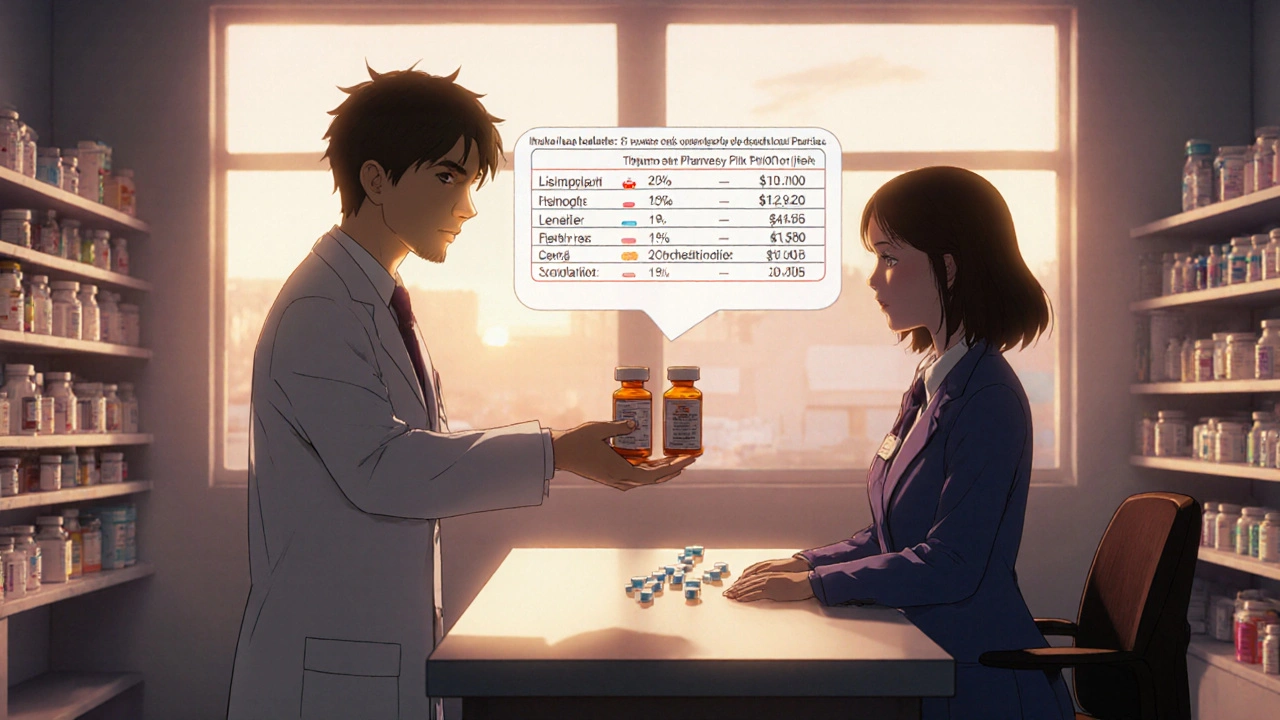 Pharmacist swapping a high-cost pill for a low-cost alternative, patient&#039;s shadow becoming healthier, therapeutic substitution chart visible.