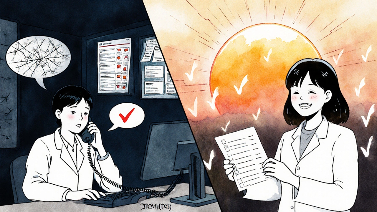 Pharmacist transitioning from isolation to connection, handing a clear medication list to a patient with hopeful lighting.