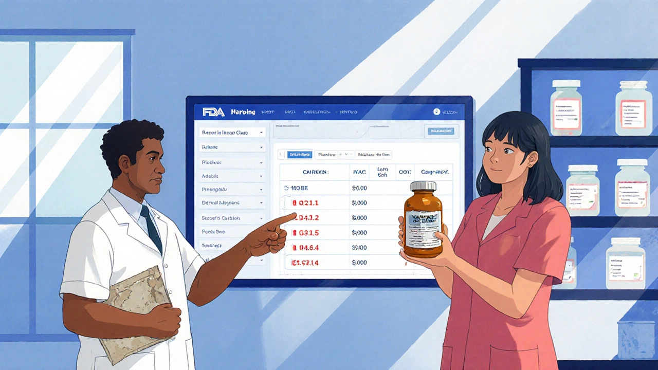 Pharmacy team reviewing FDA recall data on a digital screen with a damaged bottle in hand.