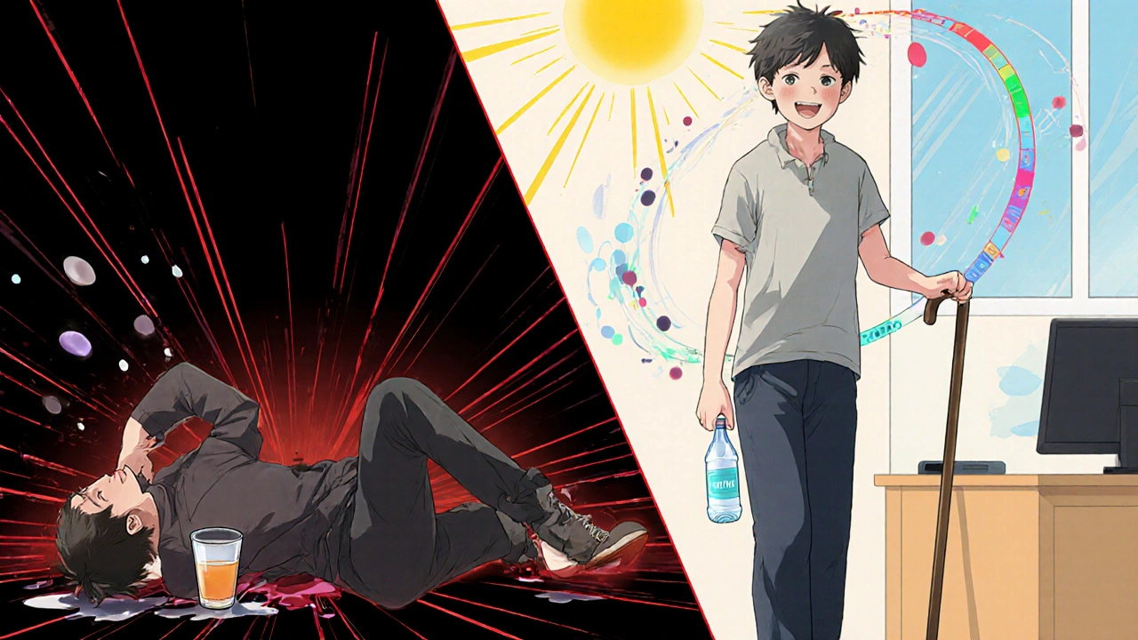 Split scene: left shows dizziness from alcohol, right shows person walking confidently with water bottle and therapist’s window in background.