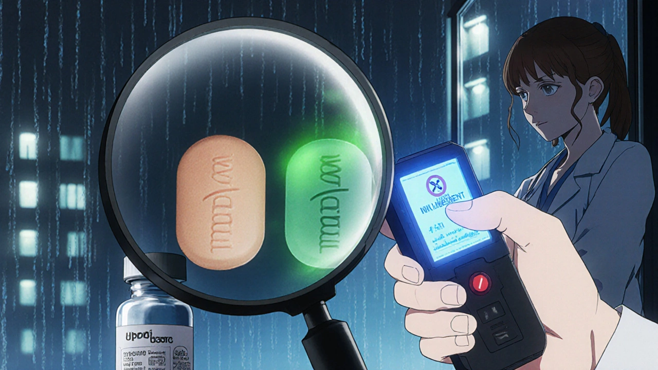 Two insulin pills side by side—one real, one fake—with a device detecting toxins.