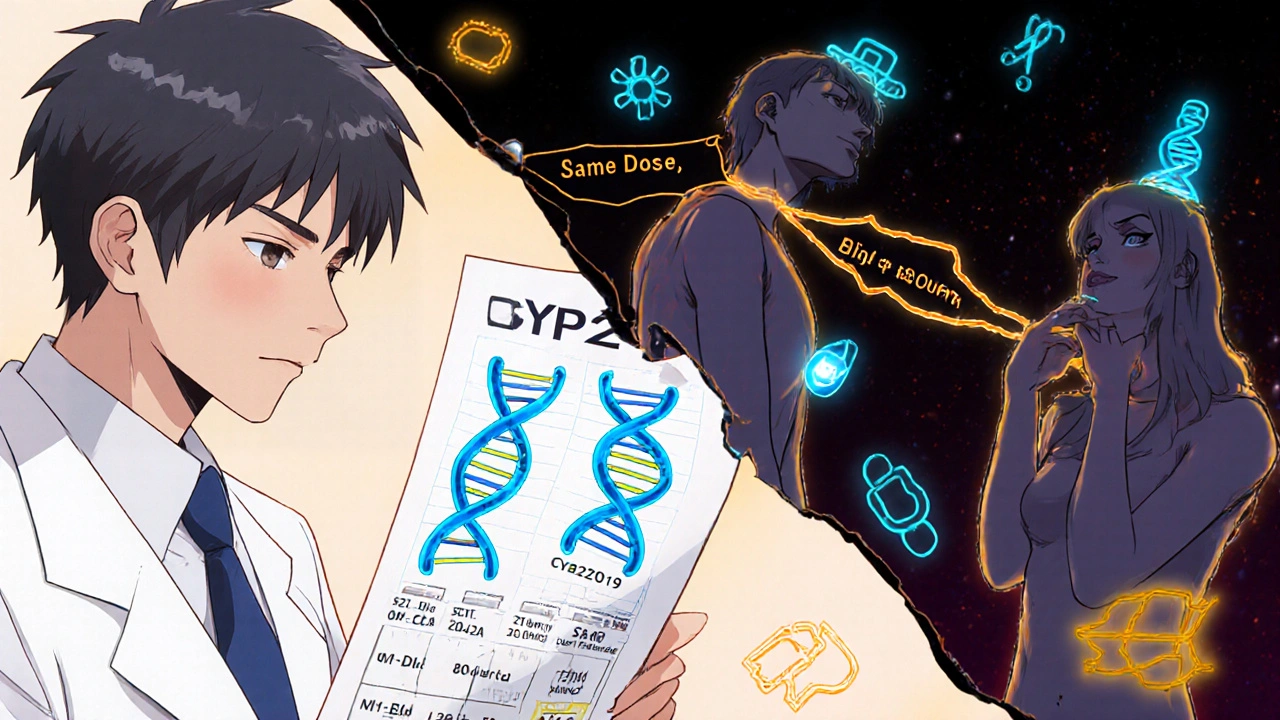 Two patients with same TCA dose but different outcomes, linked by glowing genetic strands.