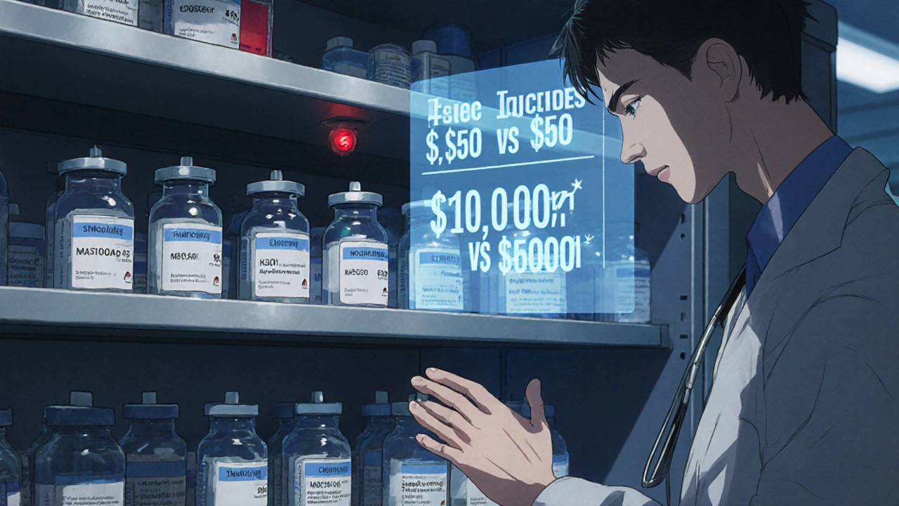 U.S. physician hesitating before picking up generic injectables in a hospital pharmacy